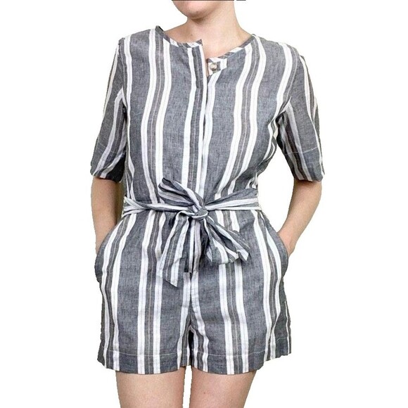 Banana Republic Pants - Banana Republic Women's Romper Size 4 Petite Striped Cotton Linen Tie Pockets